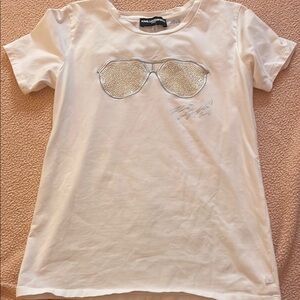 Karl Lagerfeld White Short Sleeve Tee with Aviator Sunglasses Graphic